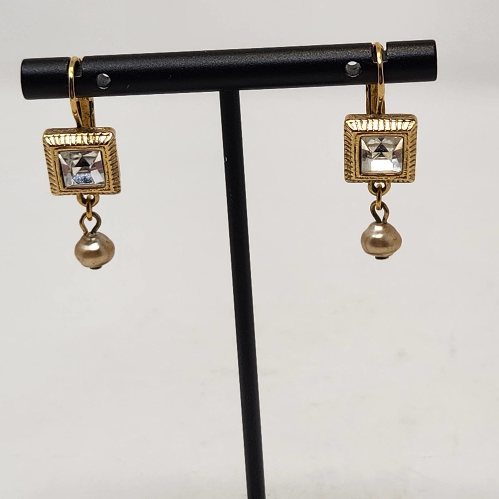 Kirks Folly Clear Crystal Pearl Gold Tone Leverback Earrings Square Dangle Drop
